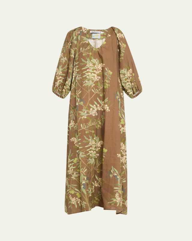 Puff-Sleeve Printed Linen Maxi Dress